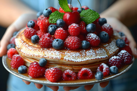 A stack of fluffy pancakes arranged neatly on a plate, adorned with a generous amount of vibrant berries and a sprinkle of powdered sugar. These delicious pancakes are a tempting treat for breakfast or brunch. Generative AIの素材