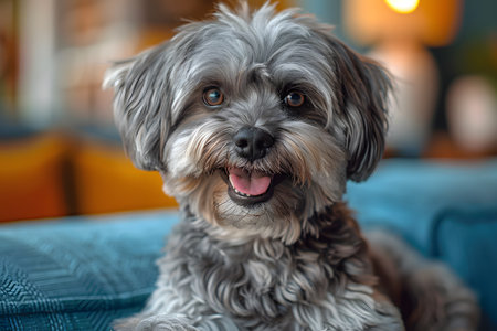 A gray dog is comfortably seated on the blue couch, looking relaxed and content in its position. The contrast between the dogs fur and the couchs color creates a striking visual impact. Generative AIの素材