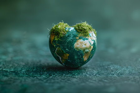 A heart-shaped piece of earth is covered in lush green moss, creating a unique and natural shape in the landscape. The moss forms a thick covering over the earth, giving it a vibrant and textured appearance. Generative AIの素材