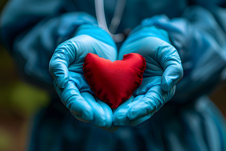 A person wearing blue gloves is holding a bright red heart in their hands. The heart stands out vividly against the gloved hands, creating a striking contrast.の素材