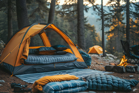 Two tents have been pitched in a dense forest, surrounded by tall trees and undergrowth. The camping area appears well-organized with camping gear visible outside the tents.の素材
