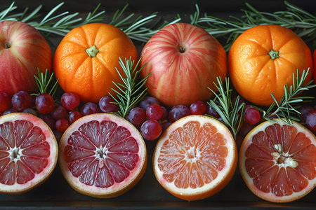 Various citrus fruits including grapefruits, oranges, and grapefruits are neatly placed in a symmetrical arrangement on a surface.の素材