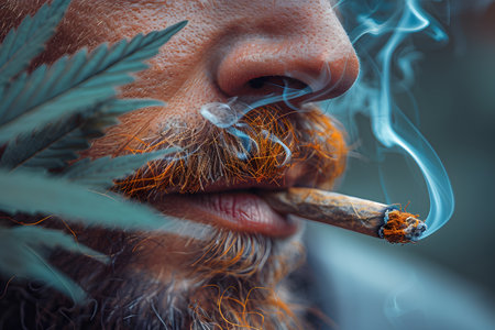 A man with a beard is depicted smoking a cigarette in this photo. His facial features are highlighted by the act of smoking, with the cigarette held casually between his fingers.の素材