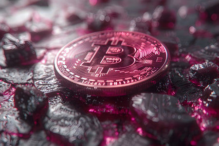 A Bitcoin cryptocurrency sits on top of a stack of ice cubes. The cold, solid cubes provide a stark contrast to the digital currency resting on them, symbolizing the intersection of technology and the physical world.の素材