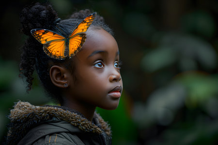 Young Girl with Butterfly on Hair Outdoor Natural Settingの素材