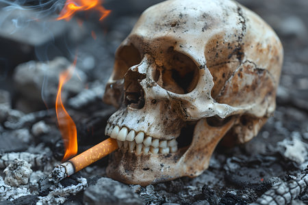 Macabre Scene of a Human Skull with a Burning Cigarette Amid Ashesの素材