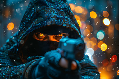 A hooded figure, partially obscured, aims a gun with intense, glowing eyes visible through a face mask. the scene is set at night, with falling snow and colorful bokeh lights in the background, creating a dramatic and suspenseful atmosphere.の素材