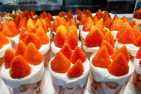 Rows of glass cups filled with fresh strawberries and whipped cream, showcasing an appealing dessert display. ideal for use in bakery, cafの写真素材