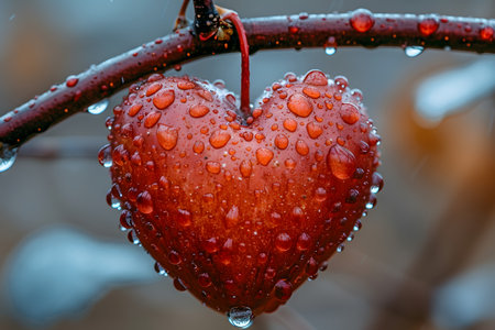 Heart-shaped ornament drenched with raindrops hanging from a branch, set against a blurred natural background. perfect for valentine's day themes, romantic greeting cards, nature-inspired posters, and seasonal decorations.の素材