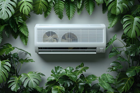 View of a modern air conditioner in greenery in an apartment. Generative AIの素材