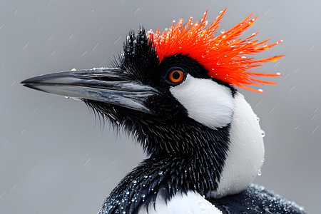 Detailed close-up photograph of a vibrant bird with a striking orange crest, sharp beak, and intricate feather details glistening with raindrops. shot under gray rainy conditions, this wildlife image bird's beauty and resilience. Generative AIの素材