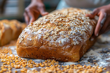 A close-up of a freshly baked multigrain loaf being handled by a baker, topped with oats and surrounded by scattered grains. the texture and details of the crust are clearly visible, showcasing the artisanal quality of the bread. ideal for culinary and bakery design projects. Generative AIの素材