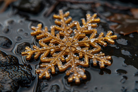 A close-up of a golden snowflake ornament sprinkled with glitter, resting on wet, icy rocks, encapsulating the essence of winter holidays. the intricate details and shimmering surface create a festive atmosphere perfect for seasonal decorations and holiday designs. Generative AIの素材