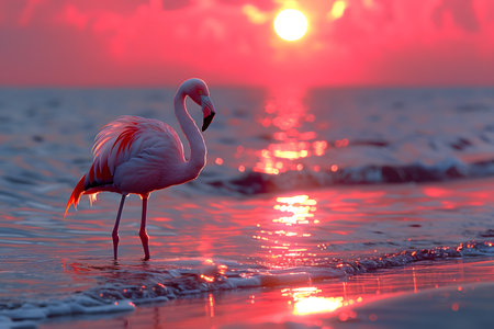 View of a pink flamingo at sunset in the sea. Generative AIの素材