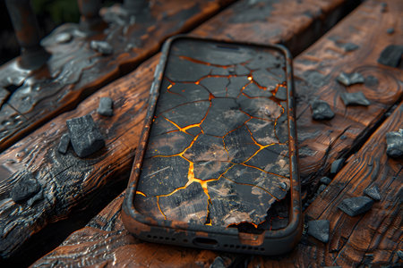 Damaged smartphone with a visibly cracked screen resting on a weathered wooden bench. the cracks reveal an orange glow beneath, creating a dynamic visual effect. ideal for themes related to device repair, technology issues, and durability. Generative AIの素材