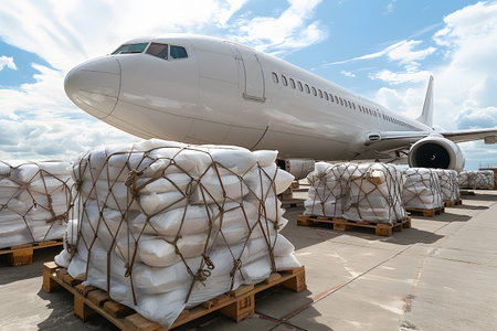 Commercial cargo airplane at an airport with shipping pallets on the tarmac. the scene highlights the logistics and transportation industry, featuring cargo secured with netting and prepared for flight under a bright, cloudy sky. Generative AIの素材