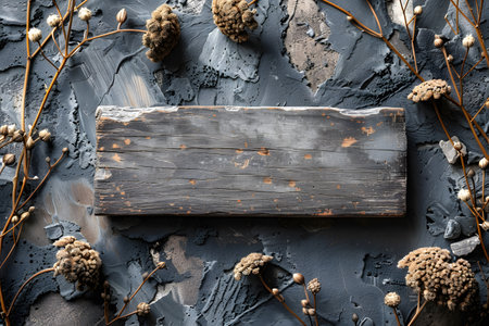 Rustic wooden plank surrounded by dry flowers on a gray textured background. the composition highlights natural elements and weathered wood, creating a perfect setup for autumn decoration, rustic designs, or fall-themed projects. Generative AIの素材