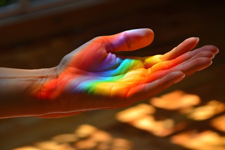 A hand illuminated with vibrant rainbow colors against a blurred background. the spectrum of light creates an inspiring visual of hope, beauty, and diversity. perfect for inspirational art, posters, or designs focusing on positivity and inclusivity. Generative AIの素材
