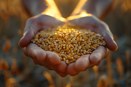 Farmer's hands cupping ripe wheat grains under the golden glow of sunset, symbolizing the bounty of harvest season and the essence of agriculture. the warm light highlights the grains and hands, evoking themes of sustenance, growth, and rural life. Generative AIの素材