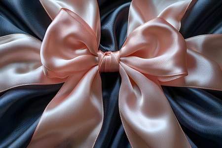 Elegant silk ribbon bow in shades of soft pink and dark blue, beautifully tied and displayed on luxurious fabric. ideal for purposes such as gift wrapping, special occasions, and decorative design elements in print or digital media. Generative AIの素材