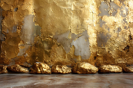 Abstract textured background featuring a gold leaf with metallic accents. the peeling layers and rich colors create an opulent, distressed look perfect for luxury designs, print, posters, or artistic projects. Generative AIの素材