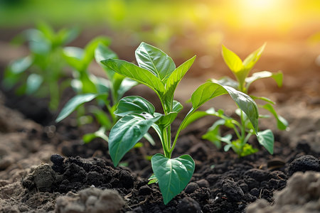 Young plant seedlings with vibrant green leaves thriving in the rich soil of a sunlit garden. the warm sunlight illuminates the fresh foliage, emphasizing themes of spring growth, eco-friendly gardening, and nurturing nature. Generative AIの素材