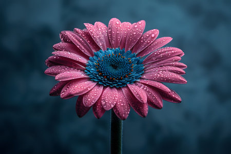 Vibrant close-up of a pink gerbera daisy with delicate water droplets adorning its petals. the photograph intricate details and vivid colors, enchanting viewers with the natural beauty of this floral subject against a blurred background. Generative AIの素材