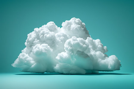 A detailed and surreal cloud formation set against a vibrant teal background. the fluffy white clouds appear to float mid-air, creating a dreamlike and ethereal visual effect, ideal for use in digital art, graphic design, and conceptual projects. Generative AIの素材