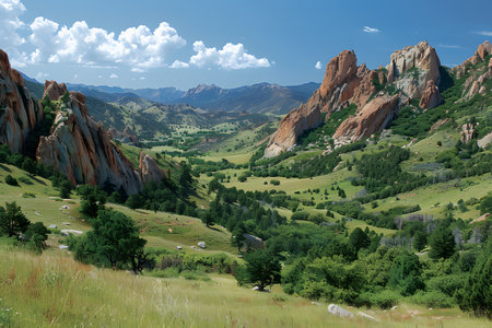 Beautiful mountainous landscape featuring the rocky mountains under a clear blue sky, with lush green valleys and dramatic rock formations. the scene natural beauty and tranquility of summer in the wilderness. Generative AIの素材