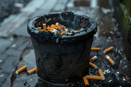 A close-up view showcasing an overflowing trash bin filled with cigarette butts in an outdoor urban setting. the surrounding area also has scattered cigarette butts, environmental pollution and the need for improved public cleanliness and awareness initiatives. Generative AIの素材