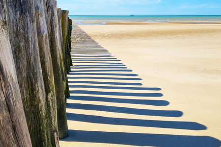 Wooden fencing casts long shadows on the sandy beach, extending towards the turquoise sea under a clear blue sky. the interplay of shapes and lines creates a striking visual effect, perfect for coastal-themed designs or posters.の写真素材