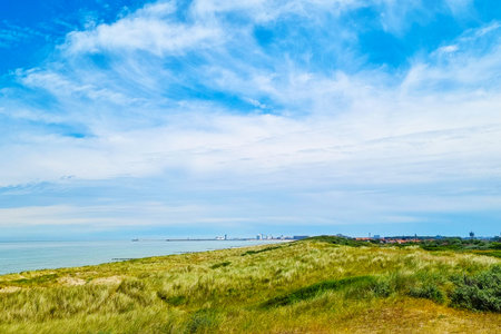 Coastal landscape featuring a vibrant blue sky, lush green grass, and a distant horizon with faint structures against the waterline. ideal for use in vacation posters, summer-themed designs, and outdoor travel marketing materials.の写真素材