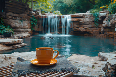 A serene outdoor scene featuring a vibrant yellow coffee cup and saucer placed on a striped placemat by a tiered waterfall in a lush, green garden. the setting promotes relaxation and conveys a peaceful retreat into nature s beauty. Generative AIの素材