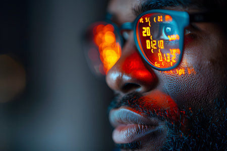 Close-up of an individual's eyeglasses reflecting illuminated digital numbers and symbols. the vibrant colors and detailed reflection emphasize modern technology, data analysis, and innovation themes suitable for tech-related designs. Generative AIの素材