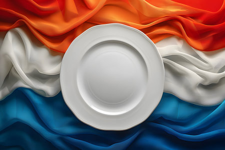 A white ceramic plate gracefully positioned on a dynamic background of flowing red, white, and blue fabric, symbolizing culinary elegance and patriotic themes. perfect for use in culinary websites, national celebration promotions, and tableware advertising. Generative AIの素材