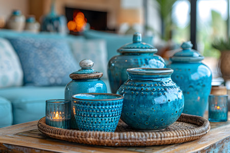 A collection of turquoise ceramic jars and vases with intricate designs are displayed on a woven wooden tray. they sit on a table in an elegantly decorated living room, providing a sense of calm and sophistication ideal for home decor inspirations. Generative AIの素材