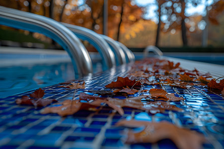 Autumn leaves scattered across the surface of a swimming pool with a blurred background of fall foliage. the image juxtaposes the vibrant blue water with the warm, earthy tones of the leaves, creating a visually appealing seasonal contrast. Generative AIの素材