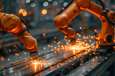 Close-up of robots at work in production Generative AIの素材