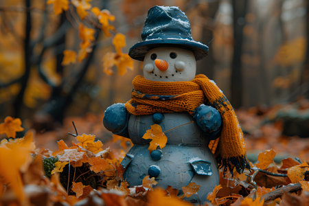 Snowman in an autumn forest, adorned with a blue hat and orange scarf, stands among fallen leaves. vivid orange and yellow foliage enhances the seasonal atmosphere, blending winter and fall elements in a picturesque woodland scene. Generative AIの素材