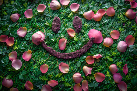 A cheerful smiley face created using flower petals arranged on a vibrant green grass background. this creative and colorful display symbolizes joy, nature, and positivity, making it perfect for spring-themed designs, greeting cards, and posters. Generative AIの素材