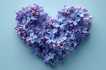 Heart-shaped lilac flower arrangement against a light blue background. ideal for romantic occasions, valentine's day, and floral-themed designs. the delicate blooms and vibrant colors offer a beautiful, elegant aesthetic. Generative AIの素材
