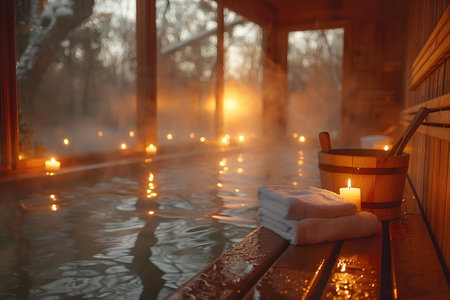 Tranquil spa scene with a steaming hot spring pool in an enclosed wooden room, illuminated by the gentle glow of numerous candles. a wooden bucket and towels rest on the ledge, reflecting the warmth and ambiance of sunset. Generative AIの素材