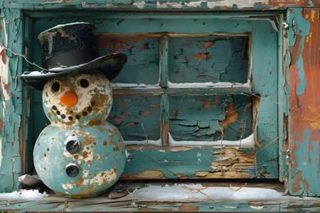 Vintage-inspired snowman with a black hat, placed against an old, weathered window and surrounded by peeling turquoise paint. the scene evokes rustic winter charm, making it perfect for holiday decoration, design, or nostalgic artwork. Generative AIの素材