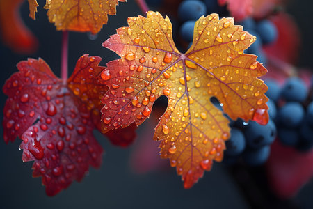 Vibrant autumn leaves covered in dewdrops near clusters of blue berries. the close-up shot highlights the intricate details and rich colors, making it ideal for seasonal designs, posters, greeting cards, and autumn-themed decor. Generative AIの素材