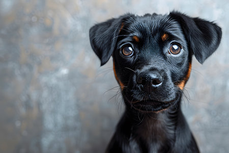 Close-up of an adorable black puppy with expressive eyes, featuring subtle brown highlights. the backdrop is a textured gray background, making it ideal for pet-themed designs, posters, and greeting cards. Generative AIの素材