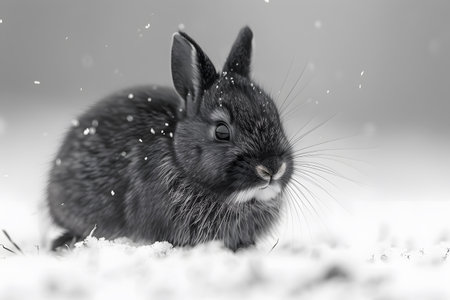 A close-up of a cute black baby rabbit sitting amidst gently falling snow, creating a serene winter scene. the bunny's delicate fur and whiskers are vividly highlighted against the white, snowy backdrop, evoking feelings of tranquility and charm. Generative AIの素材