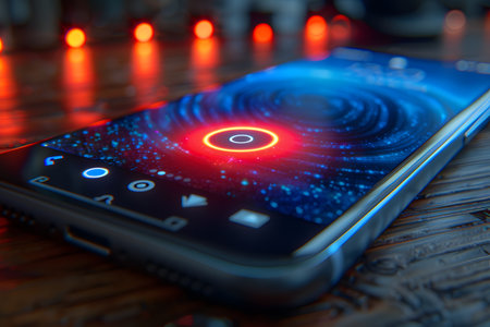 Futuristic smartphone screen displaying vibrant, glowing red and blue circular patterns set against a sleek digital interface. the image highlights advanced technology, innovation, and modern electronic design, ideal for themes of digital transformation and connectivity. Generative AIの素材
