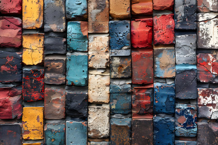 Close-up of a colorful, textured brick wall featuring a vibrant and diverse palette of blue, red, yellow, brown, and gray hues. this urban abstract art piece is perfect for interior design, posters, or backgrounds. Generative AIの素材