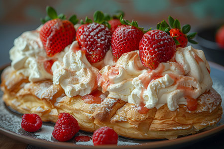 Strawberry pastries topped with generous swirls of whipped cream and garnished with fresh strawberries and raspberries on a plate. a mouth-watering dessert perfect for showcasing in bakery menus, food blogs, and culinary magazines. Generative AIの素材
