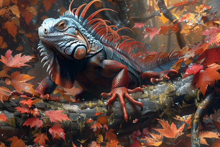Iguana perched on a tree branch amidst vibrant autumn leaves. the reptile's intricate scales and vivid colors stand out against the rich hues of fall foliage, creating a striking nature scene ideal for wildlife photography enthusiasts and design projects. Generative AIの素材